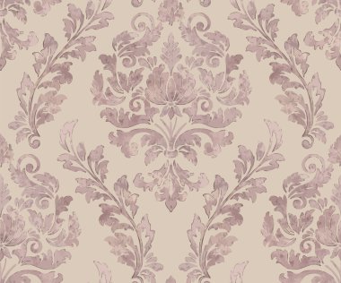 Damask dikişsiz suluboya desenli element. Vector klasik lüks eski moda İspanyol süsü, kraliyet Victoria dönemi duvar kağıtları için dikişsiz kumaş, tekstil. Antika, zarif, çiçekli bir barok..