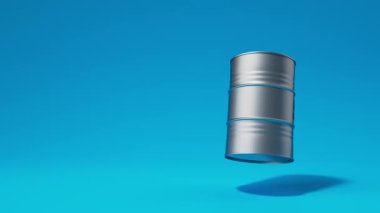 Mavi arka planda dönen tek gümüş metal yağ varili. Ön manzara. Petrol endüstrisi konsepti. 3d oluşturma döngüsü.
