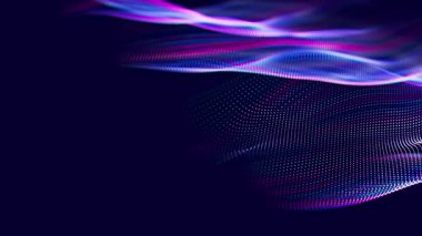 Sığ DOF 'lu gelecekteki teknoloji dalgaları. Dijital siber uzay kavramı. Hareketli parçacıkların olduğu soyut dalga. Büyük veri akışı canlandırması