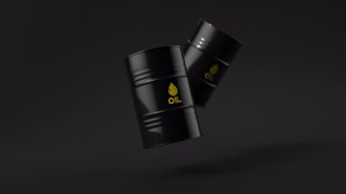 İki siyah metal yağ varili siyah arka planda yüzer. Ön manzara. Petrol endüstrisi konsepti. 3d oluşturma döngüsü.