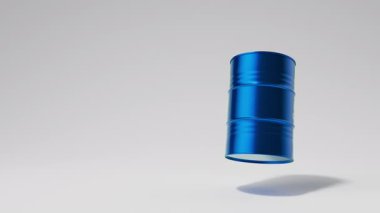 Beyaz arka planda dönen tek bir mavi metal yağ fıçısı. Ön manzara. Petrol endüstrisi konsepti. 3d oluşturma döngüsü.