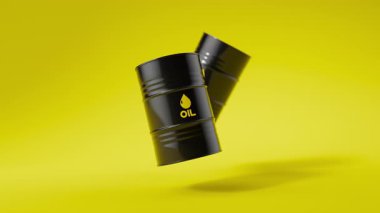 Sarı arka planda iki siyah metal yağ varili yüzer. Ön manzara. Petrol endüstrisi konsepti. 3d oluşturma döngüsü.