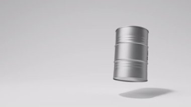 Beyaz arka planda dönen tek bir beyaz metal yağ varili. Ön manzara. Petrol endüstrisi konsepti. 3d oluşturma döngüsü.