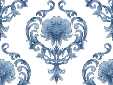 Suluboya damaske desen elementi. Klasik klasik İspanyol kumaşı, duvar kağıtları için pürüzsüz doku, tekstil.