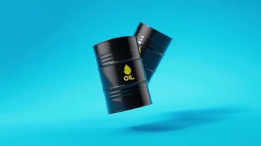 İki siyah metal yağ fıçısı mavi arka planda yüzer. Ön manzara. Petrol endüstrisi konsepti. 3d oluşturma döngüsü.