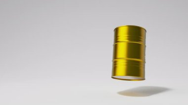 Beyaz arka planda dönen tek altın metal yağ fıçısı. Ön manzara. Petrol endüstrisi konsepti. 3d oluşturma döngüsü.