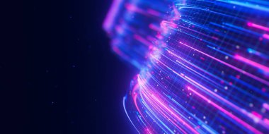 Büyük veri ışık hızı akışının kapanışı. Kuantum hesaplamasının soyut dijital veri akışı. Qubit iz dalgalarının siber uzayı. Modern teknoloji bilgi iletimi