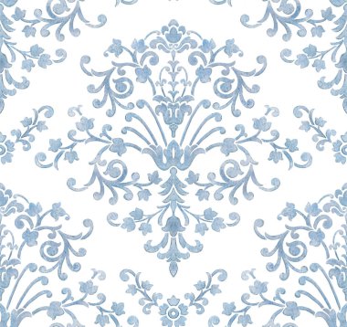 Suluboya damaske desen elementi. Klasik klasik İspanyol kumaşı, duvar kağıtları için pürüzsüz doku, tekstil.