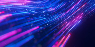 Büyük veri ışık hızı akışının kapanışı. Kuantum hesaplamasının soyut dijital veri akışı. Qubit iz dalgalarının siber uzayı. Modern teknoloji bilgi iletimi