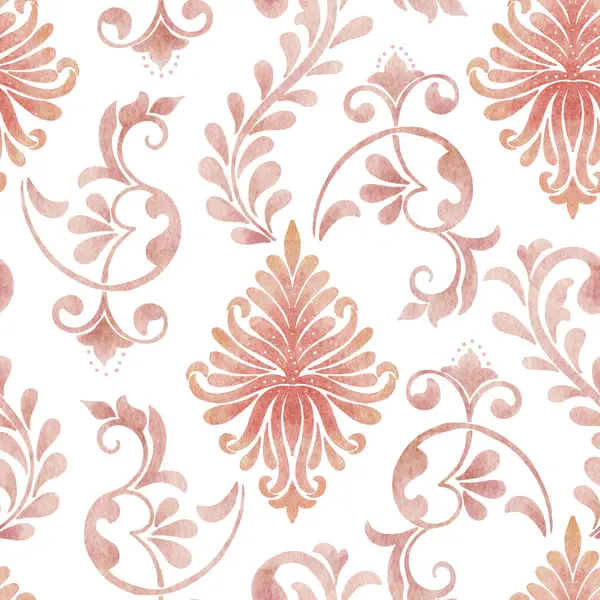 Suluboya damaske desen elementi. Klasik klasik İspanyol kumaşı, duvar kağıtları için pürüzsüz doku, tekstil.