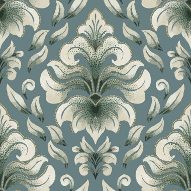 Suluboya damaske desen elementi. Klasik klasik İspanyol kumaşı, duvar kağıtları için pürüzsüz doku, tekstil.