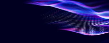 Parçacıkların soyut dalgası. Büyük veri dijital akış konsepti. LLM öğrenme süreci, yapay zeka teknolojisi. Kuantum hesaplaması. metin için yer ile.