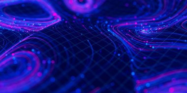 Fütürist siber uzayda büyük veri girdaplarının yakın çekimi. Quantum dijital ağındaki veri akışı. DOF ile neon qubit akışı