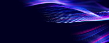 Parçacıkların soyut dalgası. Büyük veri dijital akış konsepti. LLM öğrenme süreci, yapay zeka teknolojisi. Kuantum hesaplaması. metin için yer ile.