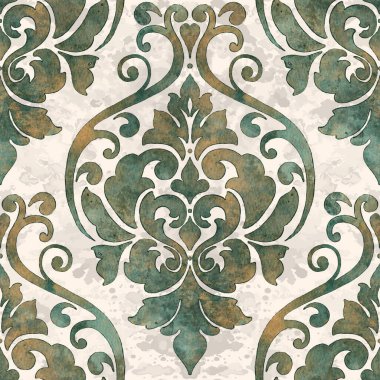 Suluboya damaske desen elementi. Klasik klasik İspanyol kumaşı, duvar kağıtları için pürüzsüz doku, tekstil.
