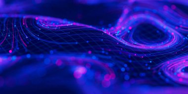 Fütürist siber uzayda büyük veri girdaplarının yakın çekimi. Quantum dijital ağındaki veri akışı. DOF ile neon qubit akışı