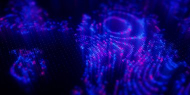 Büyük Veri kümeleri karmaşık grafiği. Kuantum hesaplama kalıpları. Yapay zeka teknolojisi sinirsel bağlantılarının siber uzayı. Fütürist grafik. Dijital bilgi sunumu