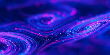 Fütürist siber uzayda büyük veri girdaplarının yakın çekimi. Quantum dijital ağındaki veri akışı. DOF ile neon qubit akışı