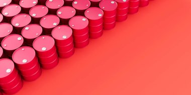 Kırmızı arkaplandaki kırmızı metal yağ varillerinin üst görüntüsü ve sağdaki yazı için yer. Petrol endüstrisi konsepti. 3d resimleme.