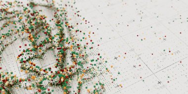 Soyut veri kümeleri görselleştirmesi. Yapay zeka teknolojisi sinirsel kalıplar. Dijital bilgi sunumu, geleceksel grafik