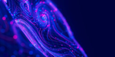 Fütürist siber uzayda büyük veri girdaplarının yakın çekimi. Quantum dijital ağındaki veri akışı. DOF ile neon qubit akışı