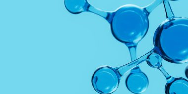 3D soyut mavi cam moleküler yapılar. Kozmetik kollajen serumu, nemlendirici su, vitamin, cilt bakımı için hyaluronik asit. Sağlık hizmetleri kavramı.