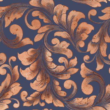 Suluboya damaske desen elementi. Klasik klasik İspanyol kumaşı, duvar kağıtları için pürüzsüz doku, tekstil.