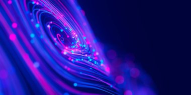 Fütürist siber uzayda büyük veri girdaplarının yakın çekimi. Quantum dijital ağındaki veri akışı. DOF ile neon qubit akışı