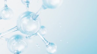 3d soyut parlak cam moleküler yapılar hareket arka planı. Kozmetik kollajen serumu, esans yağı, vitamin, cilt bakımı için hyaluronik asit. Sağlık konsepti döngü animasyonu.