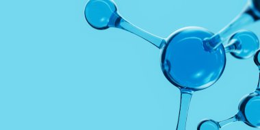 3D soyut mavi cam moleküler yapılar. Kozmetik kollajen serumu, nemlendirici su, vitamin, cilt bakımı için hyaluronik asit. Sağlık hizmetleri kavramı.