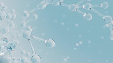 3d soyut parlak cam moleküler yapılar hareket arka planı. Kozmetik kollajen serumu, esans yağı, vitamin, cilt bakımı için hyaluronik asit. Sağlık hizmeti konsepti animasyonu.