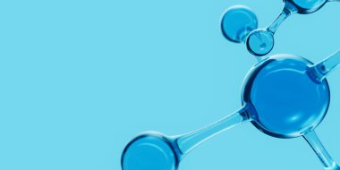 3D soyut mavi cam moleküler yapılar. Kozmetik kollajen serumu, nemlendirici su, vitamin, cilt bakımı için hyaluronik asit. Sağlık hizmetleri kavramı.