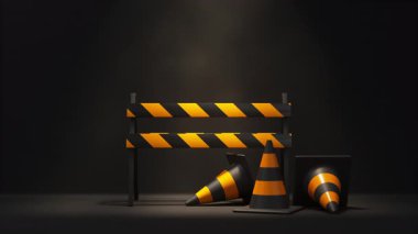 Siyah arka planda yanıp sönen ışığın altında turuncu siyah trafik konileri ve bariyerler. Güvenlik uyarısı, yapım aşamasında ya da yakında sembol olacak. 3d oluşturma döngüsü.