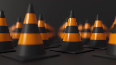 Siyah zemin üzerinde sığ noktalar olan turuncu ve siyah trafik konilerinin ön plan görüntüsü. Güvenlik uyarısı, yapım aşamasında ya da yakında sembol olacak. 3d oluşturma döngüsü.