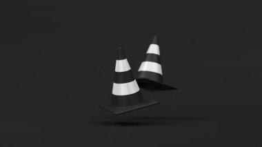 Siyah arka planda yüzen bir çift beyaz siyah trafik konisi. Güvenlik uyarısı, yapım aşamasında ya da yakında sembol olacak. 3d oluşturma döngüsü.