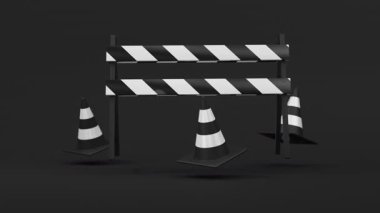 Yüzen beyaz siyah trafik konileri ve siyah arka planda bariyerler. Güvenlik uyarısı, yapım aşamasında ya da yakında sembol olacak. 3d oluşturma döngüsü.