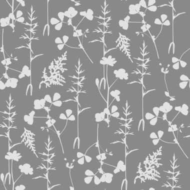 Çiçeksiz, şirin desenli, çayır çiçekleri siluetleri olan. Çiçek vektör illüstrasyon arka planı. Kırsal vintage biçimi, tekstil veya duvar kağıtları ile yazdır