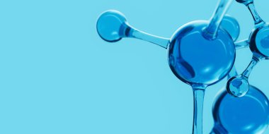 3D soyut mavi cam moleküler yapılar. Kozmetik kollajen serumu, nemlendirici su, vitamin, cilt bakımı için hyaluronik asit. Sağlık hizmetleri kavramı.