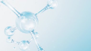 3d soyut parlak cam moleküler yapılar hareket arka planı. Kozmetik kollajen serumu, esans yağı, vitamin, cilt bakımı için hyaluronik asit. Sağlık konsepti döngü animasyonu.