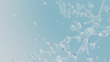 3d soyut parlak cam moleküler yapılar hareket arka planı. Kozmetik kollajen serumu, esans yağı, vitamin, cilt bakımı için hyaluronik asit. Sağlık hizmeti konsepti animasyonu.