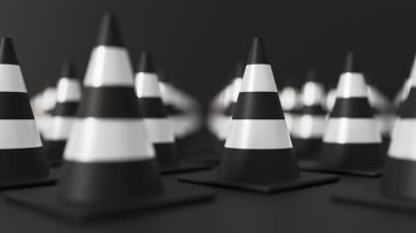 Siyah zemin üzerinde sığ noktalar olan beyaz ve siyah trafik konilerinin ön plan görüntüsü. Güvenlik uyarısı, yapım aşamasında ya da yakında sembol olacak. 3d oluşturma döngüsü.