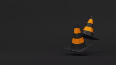 Siyah arka planda yüzen turuncu siyah koni çifti. Güvenlik uyarısı, yapım aşamasında ya da yakında sembol olacak. 3d oluşturma döngüsü.