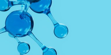 3D soyut mavi cam moleküler yapılar. Kozmetik kollajen serumu, nemlendirici su, vitamin, cilt bakımı için hyaluronik asit. Sağlık hizmetleri kavramı.