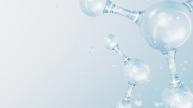 3d soyut parlak cam moleküler yapılar hareket arka planı. Kozmetik kollajen serumu, esans yağı, vitamin, cilt bakımı için hyaluronik asit. Sağlık konsepti döngü animasyonu.
