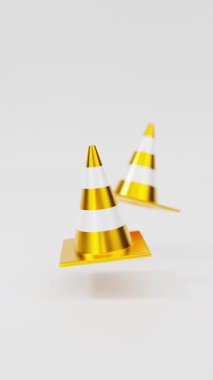 Beyaz arka planda yüzen bir çift altın renkli trafik konisi. Güvenlik uyarısı, yapım aşamasında ya da yakında sembol olacak. Dikey video, 3d görüntüleme döngüsü.
