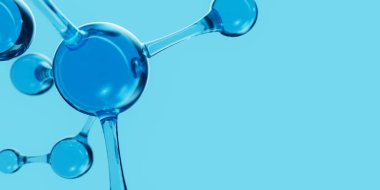 3D soyut mavi cam moleküler yapılar. Kozmetik kollajen serumu, nemlendirici su, vitamin, cilt bakımı için hyaluronik asit. Sağlık hizmetleri kavramı.