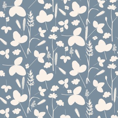 Çiçeksiz, şirin desenli, çayır çiçekleri siluetleri olan. Çiçek vektör illüstrasyon arka planı. Kırsal vintage biçimi, tekstil veya duvar kağıtları ile yazdır