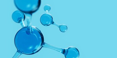 3D soyut mavi cam moleküler yapılar. Kozmetik kollajen serumu, nemlendirici su, vitamin, cilt bakımı için hyaluronik asit. Sağlık hizmetleri kavramı.