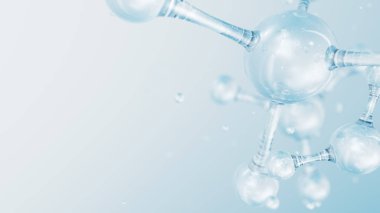 3D soyut parlak cam moleküler yapılar. Kozmetik kollajen serumu, nemlendirici su, vitamin, cilt bakımı için hyaluronik asit. Sağlık hizmetleri kavramı.