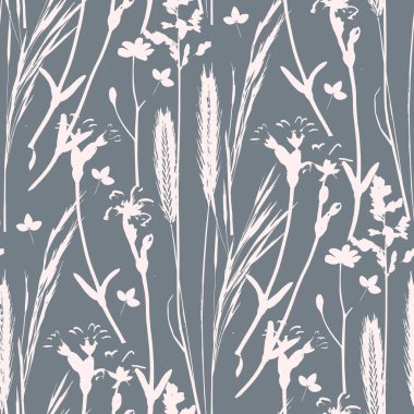 Çiçeksiz, şirin desenli, çayır çiçekleri siluetleri olan. Çiçek vektör illüstrasyon arka planı. Kırsal vintage biçimi, tekstil veya duvar kağıtları ile yazdır